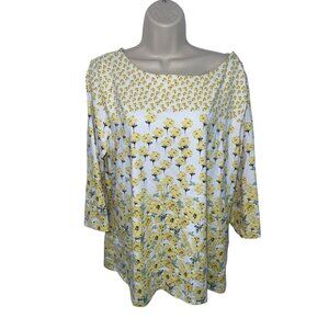 CHARTER CLUB Women's XXL Yellow Floral Blouse Boatneck 3/4 Sleeve